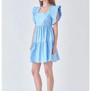 NWT ENGLISH FACTORY BLUE RUFFLED DRESS WITH SMOCKING DETAIL | SIZE EXTRA SMALL